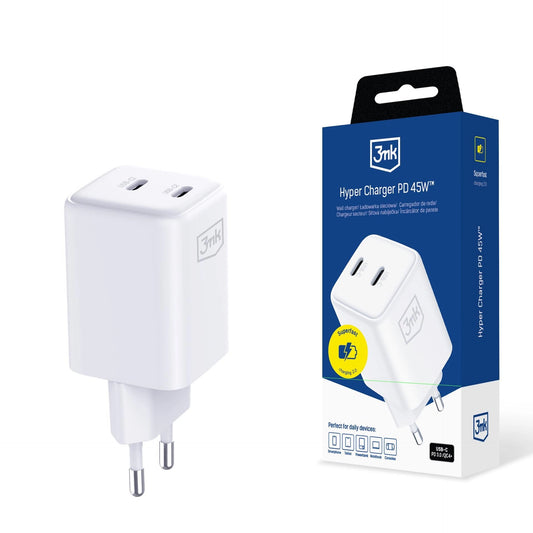 Мрежово зарядно за супер-бързо зареждане - 3mk Hyper Charger PD 45W GaN QC4+ PPS 2C Super-Fast Charge 2.0 бяло