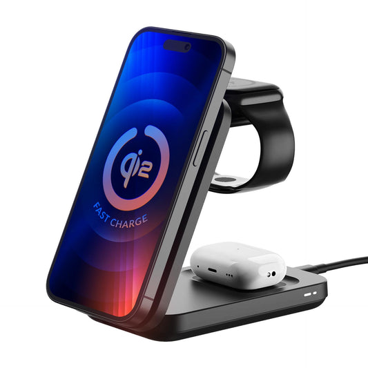 Безжична зарядна станция 3-в-1 3mk MagRocket 15W Qi2 MPP Black