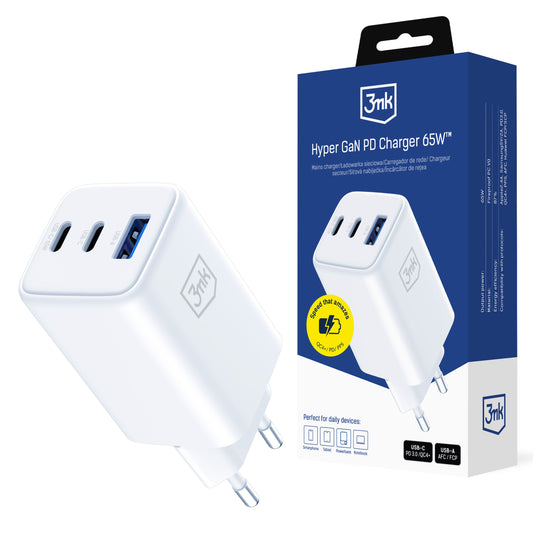 Бързо зарядно за всички преносими устройства - 3mk Hyper GaN Charger 65W QC4+ PD PPS USB 1A2C White EU