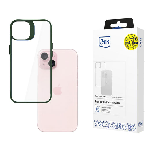 Прозрачен калъф с цветна защитна рамка Apple iPhone 15 - 3mk Satin Armor Case+ Green