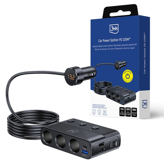 Зарядна станция за кола - 3mk Car Power Splitter 120W PD QC PPS USB 3A1C3Socket Black