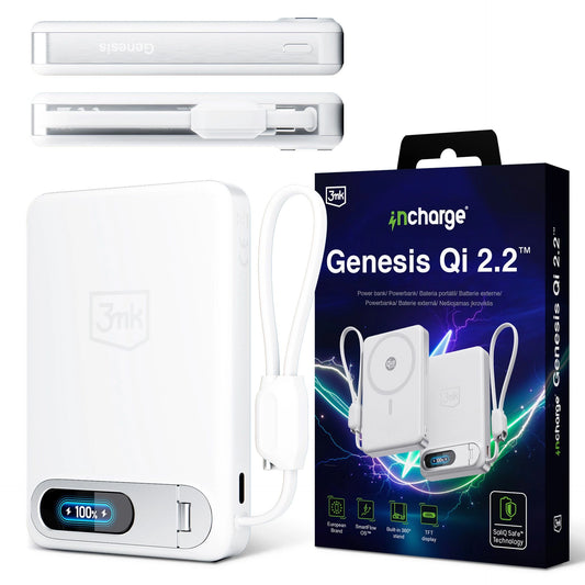 Джобна външна батерия - 3mk Genesis Qi 2.2™ 25W Wireless + PD45W 10,000mAh Бяла