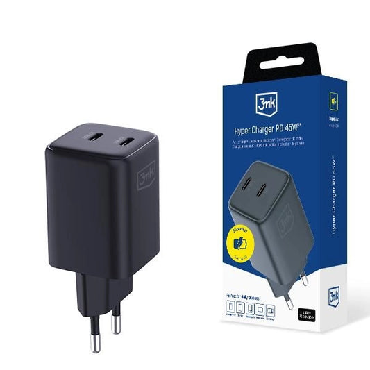 Мрежово зарядно за супер-бързо зареждане - 3mk Hyper Charger PD 45W GaN QC4+ PPS 2C Super-Fast Charge 2.0 черно