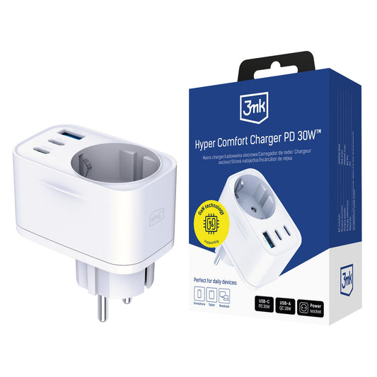 Мрежово зарядно - 3mk Comfort Charger GaN 30W QC PD PPS 2C1A1S бяло