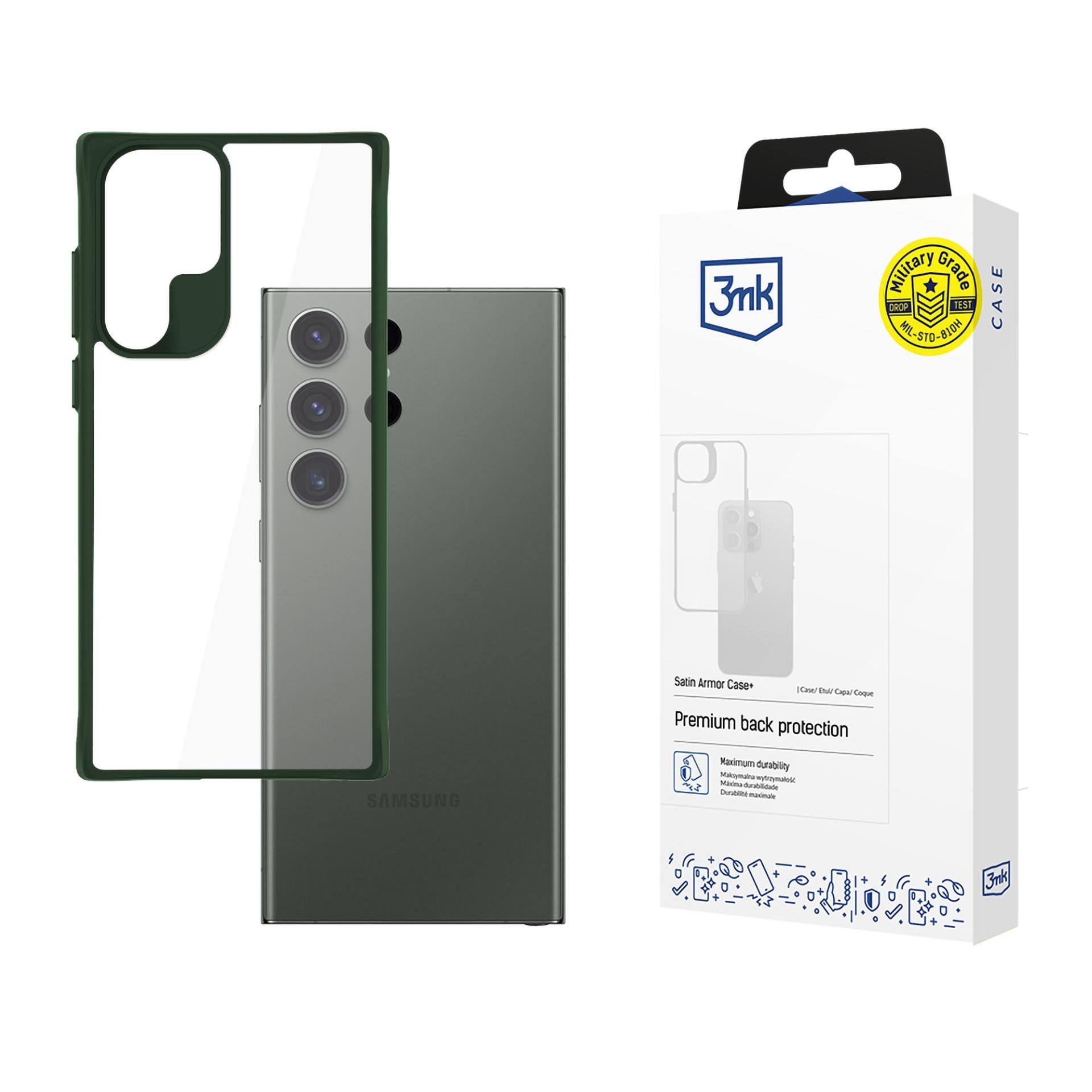 Прозрачен калъф с цветна защитна рамка Samsung Galaxy S24 Ultra - 3mk Satin Armor Case+ Green