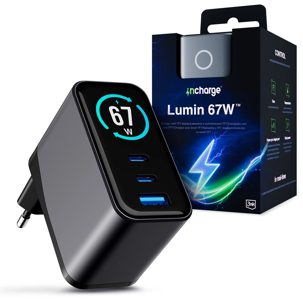 Бързо зарядно за всички преносими устройства - 3mk InCharge Lumin PD 67W QC4+ 1A2C TFT Display