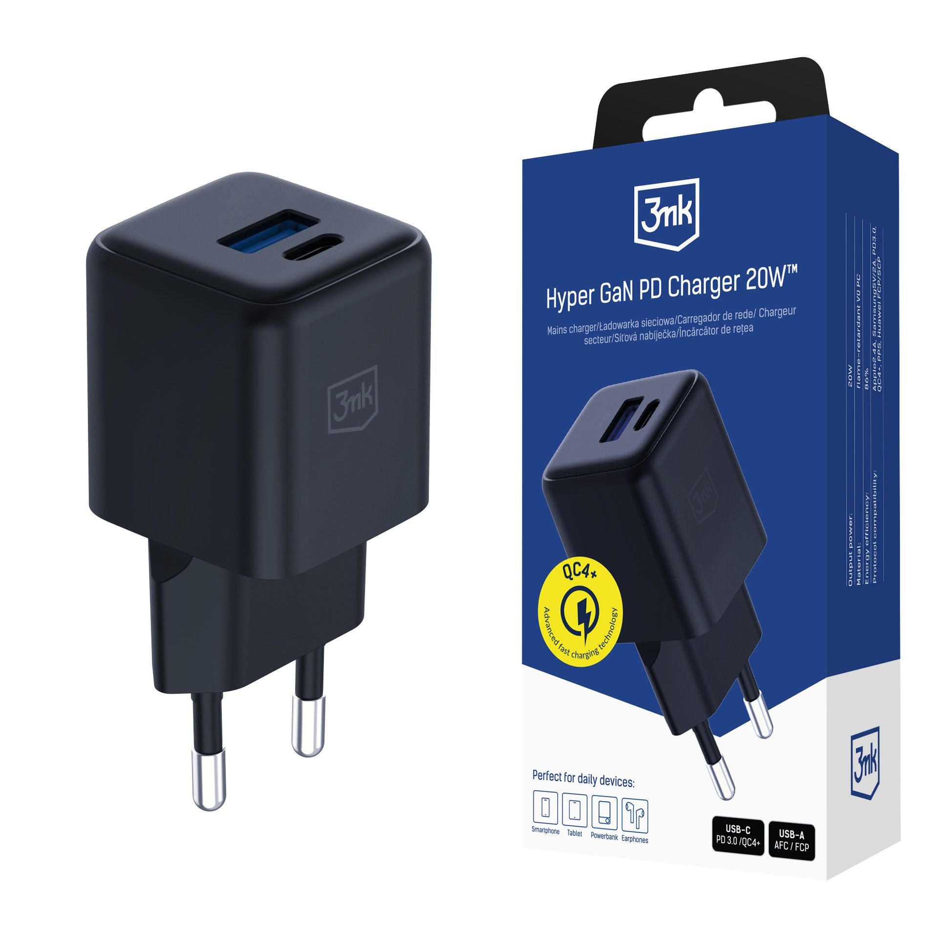 Зарядно - 3mk Hyper GaN Charger 20W QC4+ 1A1C черно