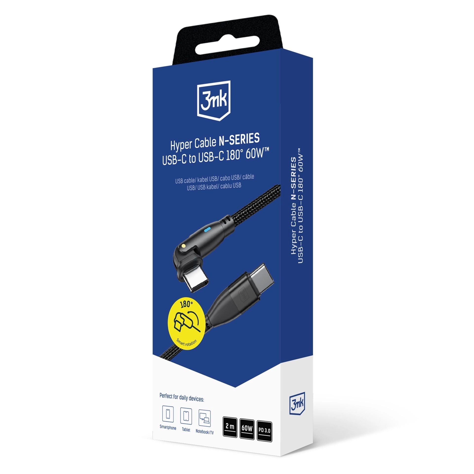 Въртящ се плетен кабел за зареждане и прехвърляне на данни 3mk Hyper Cable N-SERIES C to C 2m 20V/3A 60W - Swivel