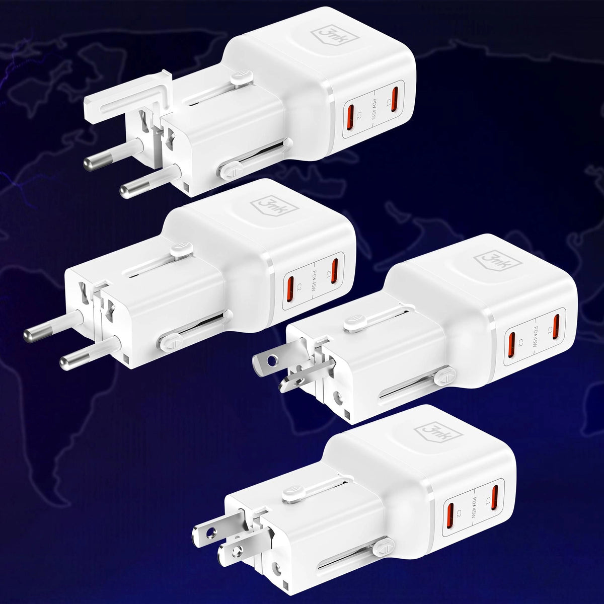 Зарядно с адаптери за целия свят  - 3mk incharge® Globe 45W™ US/EU/AUS/UK White