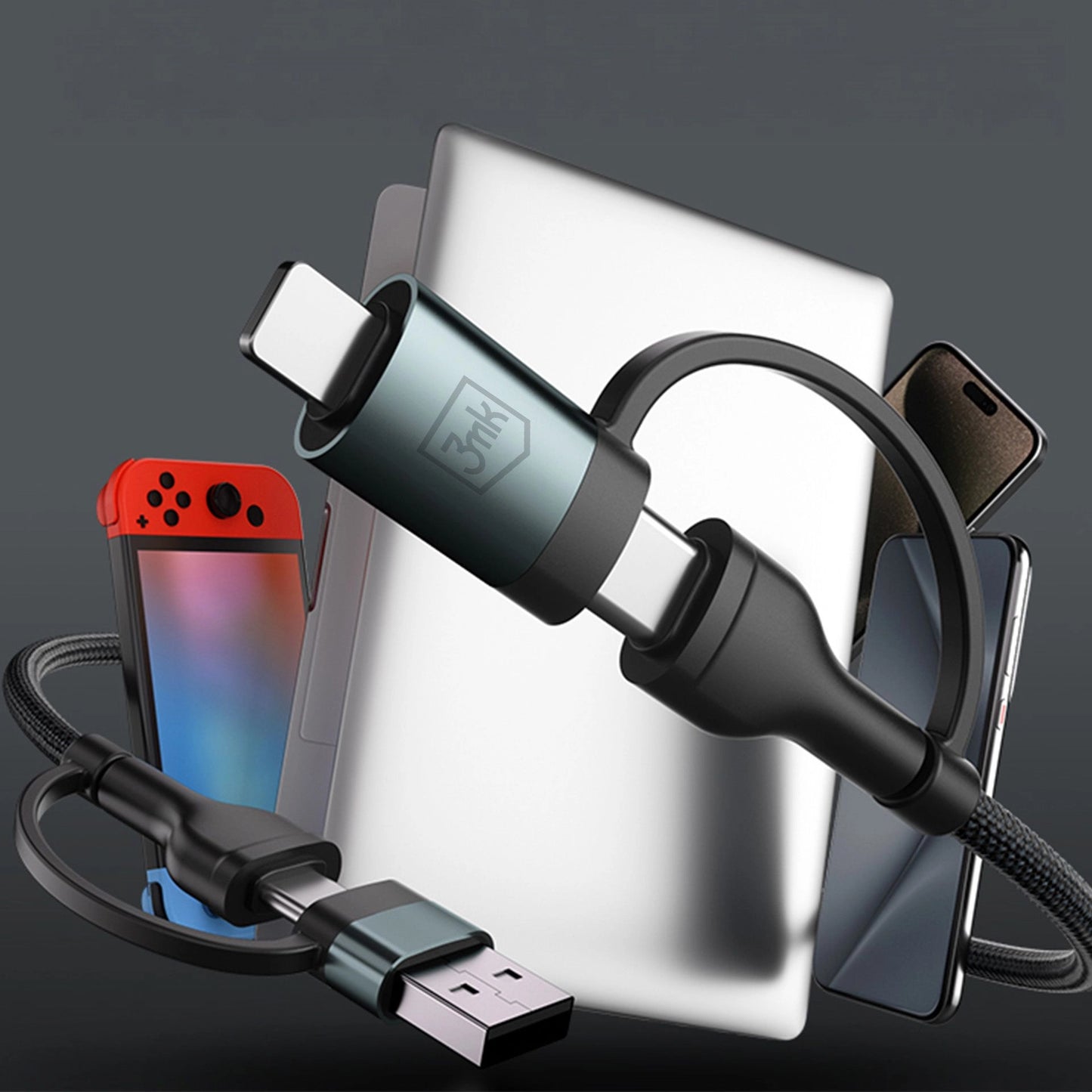 Плетен кабел за зареждане и прехвърляне на данни 3mk Hyper Cable N-SERIES 2 in 2 A/C to C/Lightning 1.2m 9V/2A 60W