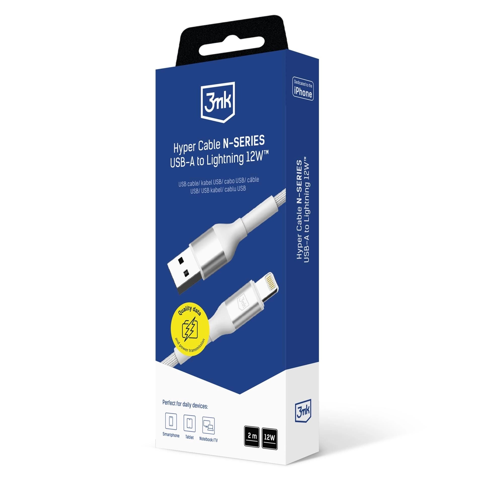 Плетен кабел за зареждане и прехвърляне на данни 3mk Hyper Cable N-SERIES A to Lightning 2m 5V/2.4A 12W