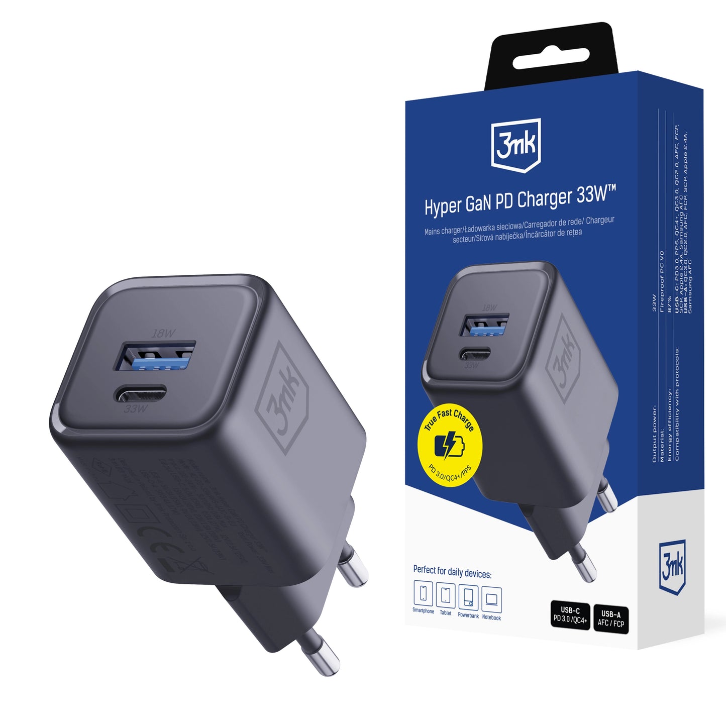 Зарядно - 3mk Hyper GaN Charger 33W GaN 1A1C Black черно