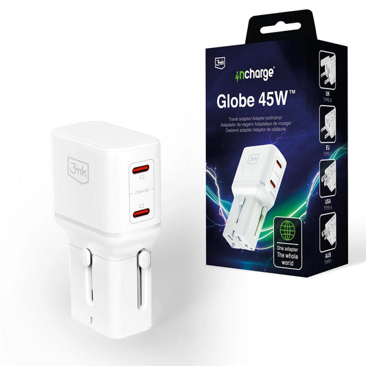 Зарядно с адаптери за целия свят  - 3mk incharge® Globe 45W™ US/EU/AUS/UK White