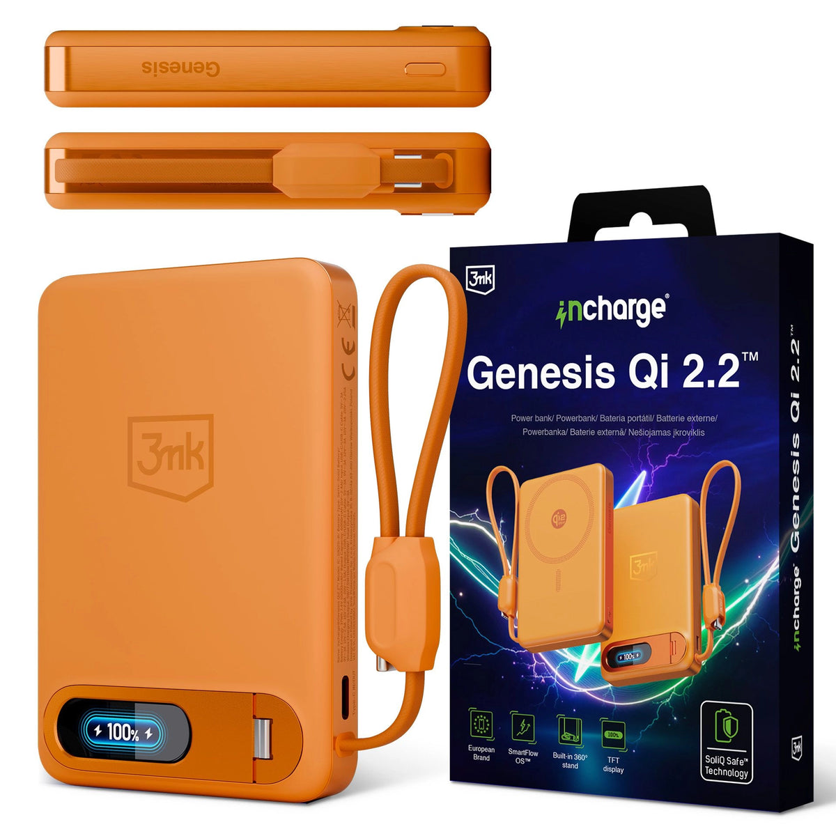 Джобна външна батерия - 3mk Genesis Qi 2.2™ 25W Wireless + PD45W 10,000mAh Оранжева