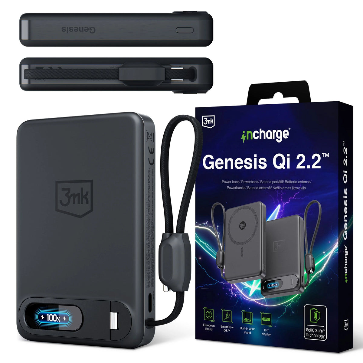 Джобна външна батерия - 3mk Genesis Qi 2.2™ 25W Wireless + PD45W 10,000mAh Черна