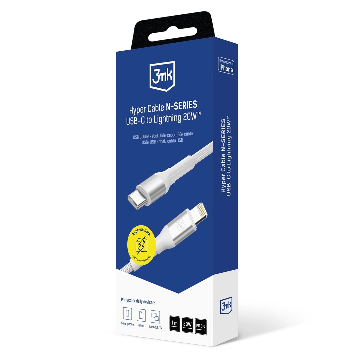 Плетен кабел за зареждане и прехвърляне на данни 3mk Hyper Cable N-SERIES C to Lightning 1m 9V/2A 20W