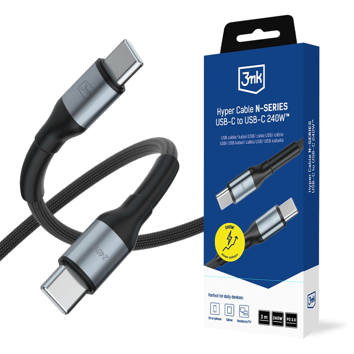Плетен кабел 3m 240W за зареждане и прехвърляне на данни - 3mk Hyper Cable N-SERIES C to C 3m 48V/5A 240W